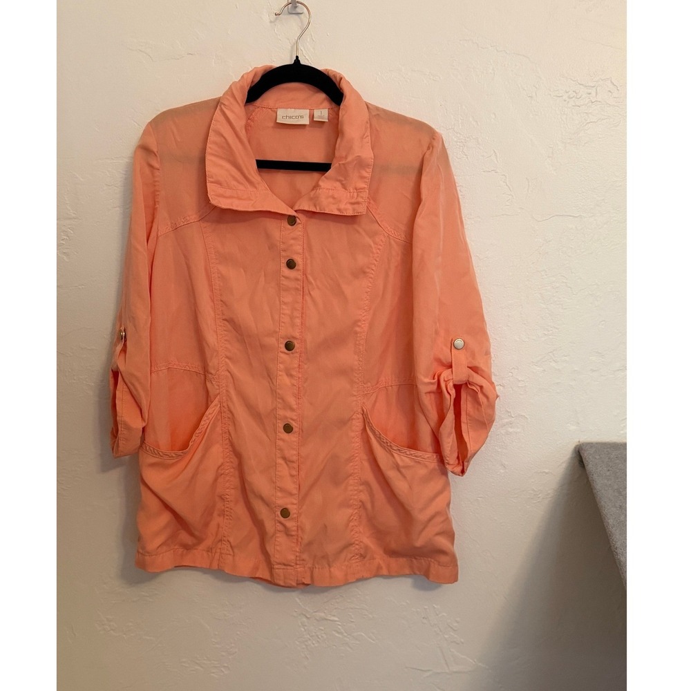 Chico's Jacket 1 Peach Lyocell Roll Tab Utility Shirt Jacket 1